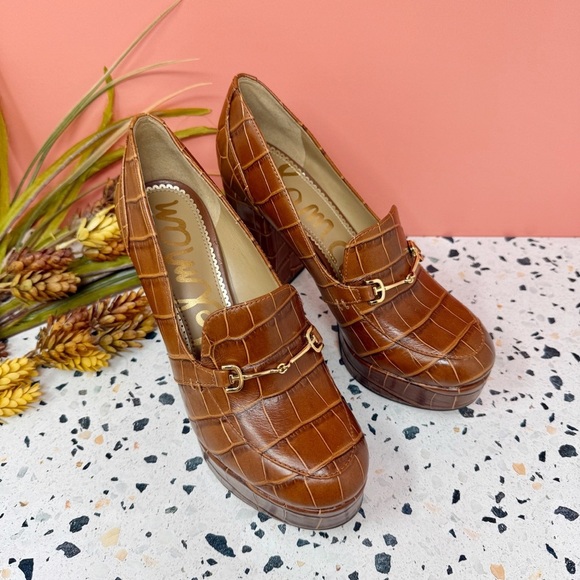 Sam Edelman Aretha Platform Horsebit Gold Tone Women’s Heeled Loafers Sz 5.5 - Picture 1 of 9